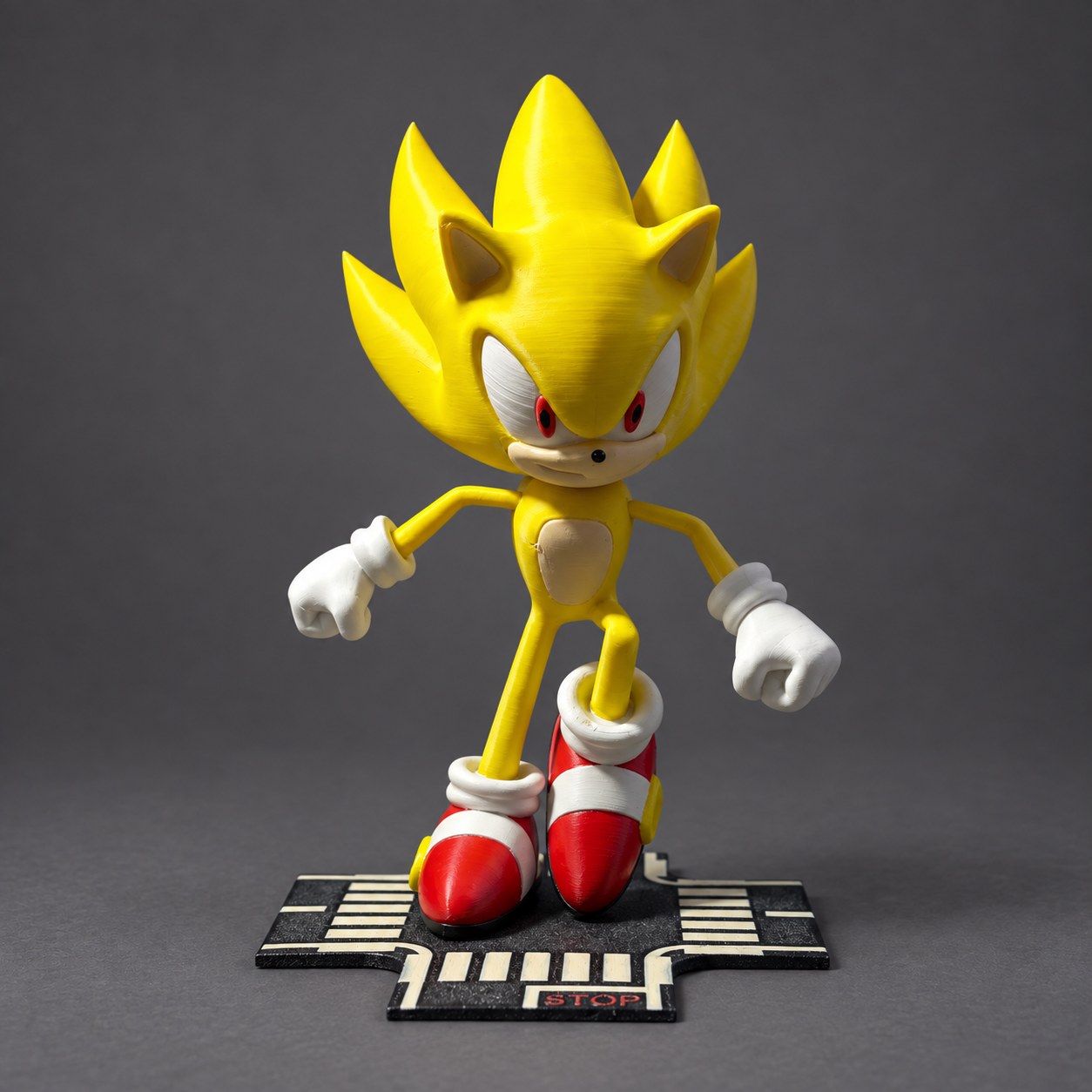 Figura de Super Sonic creada por MorphLab 3D, sobre fondo de estudio gris